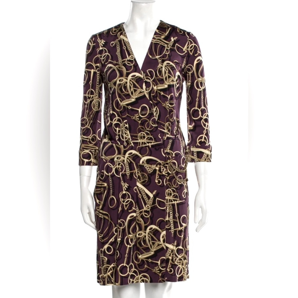 Stunning Authentic GUCCI Multicolor Silk  Chain Print Wrap Dress Size 46